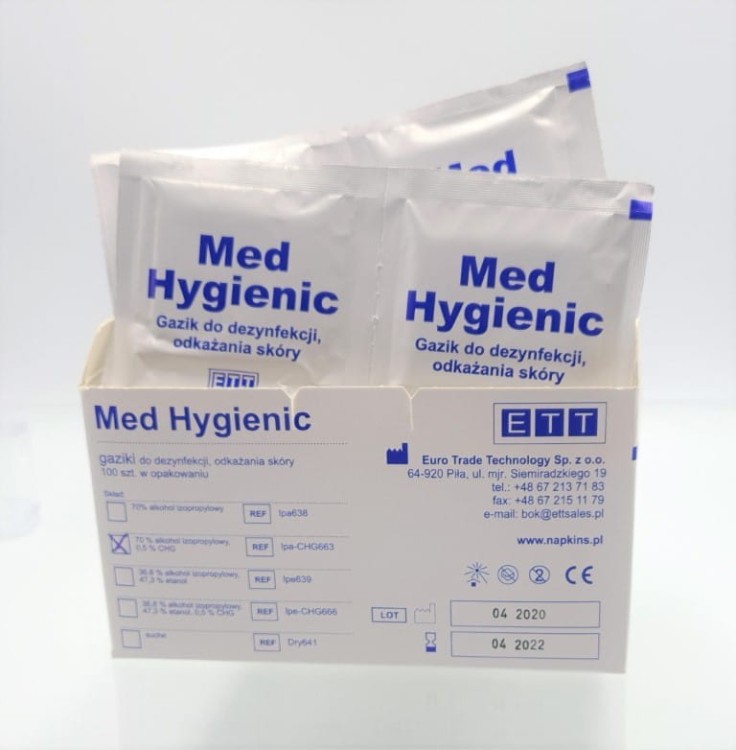 ETT MED HYGIENIC 12,5 x 12 cm 100szt - gaziki do dezynfekcji skóry przed iniekcjami