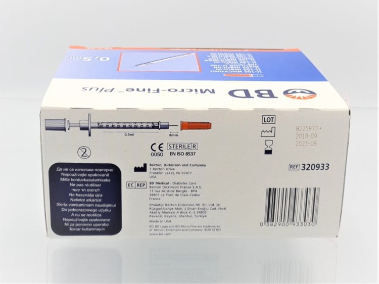 STRZYKAWKA INSULINOWA 0.5ML U-100 Z IGŁĄ 0.3x8MM 30G 100szt BD 320933