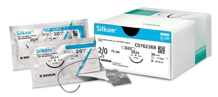 SILKAM CZARNY 4/0 DS19 45CM C0762202  – 36 szt. nici chirurgiczne jedwab, niewchłanialna plecionka