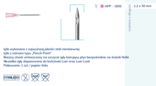 IGŁA DO POBIERANIA I ROZPUSZCZANIA LEKÓW 1,2 x 30mm 100SZT